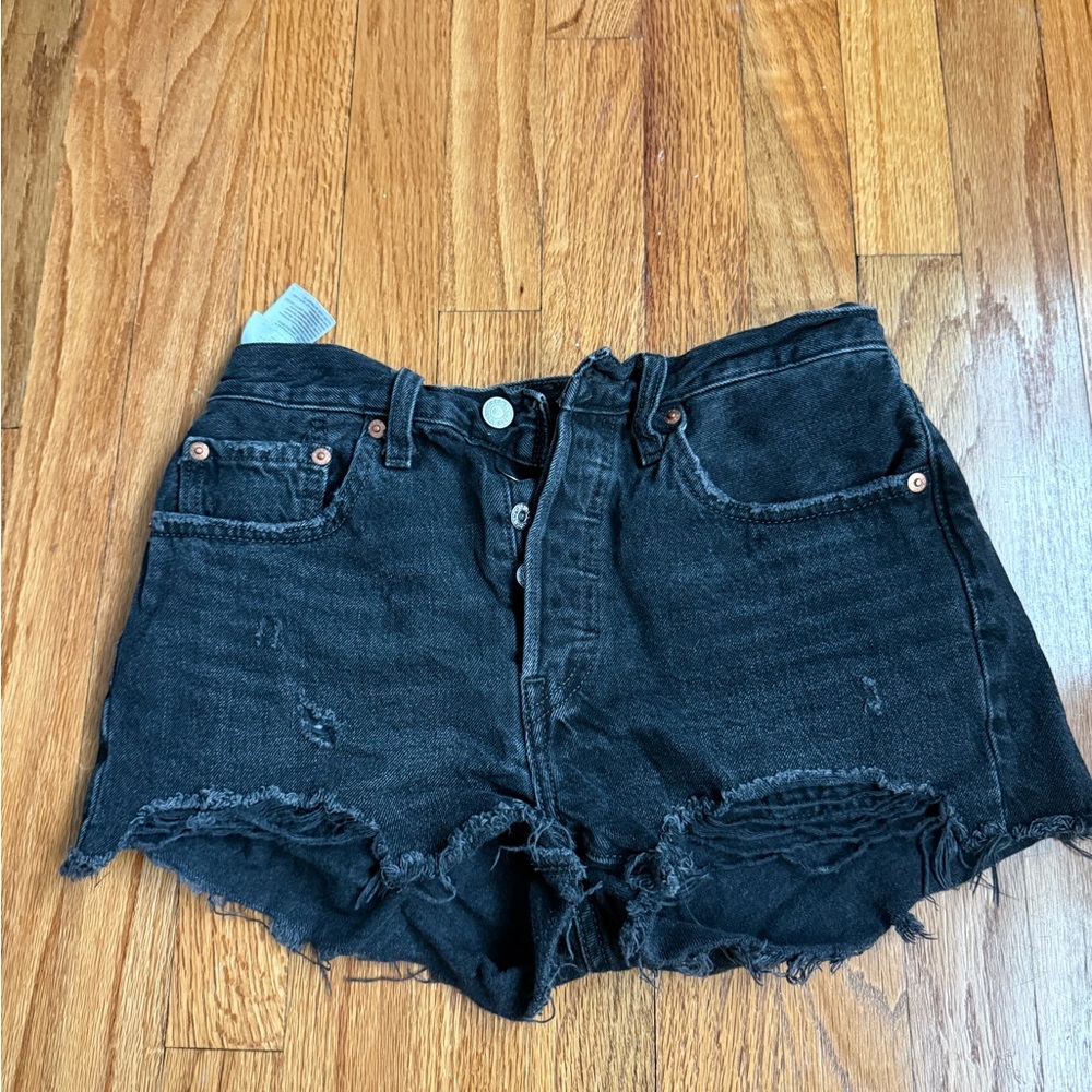 LEVI 501 Black Distressed Denim Shorts